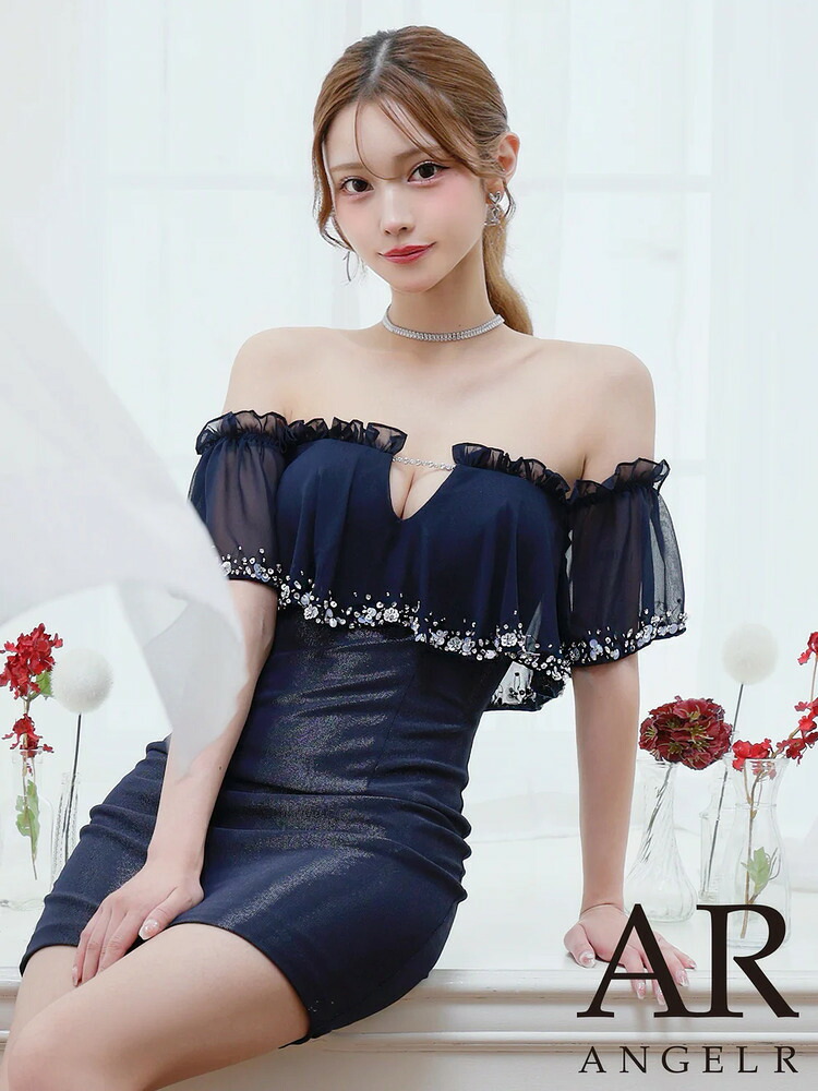 【Angel R/エンジェルアール】3color オフショルダー シフォン フリル ビジュー Vカット ラメ タイト ミニドレス ネイビー アイボリー ピンク エレガント フェミニン AR25344