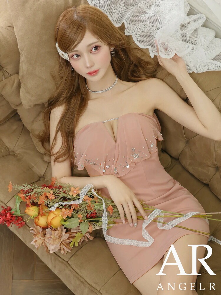 【Angel R/エンジェルアール】 5color フリル ビジュー ベアトップ スリット タイト ミニドレス ピンク ホワイト ブラック ベージュ レッド エレガント キュート セクシー キャバドレス AR25243【AR ドレス】