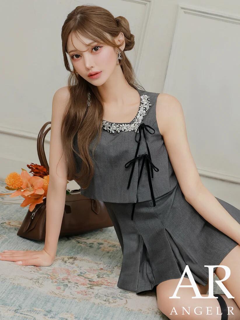【Angel R/エンジェルアール】 4color ビジュー付き ノースリーブ トップス付き 2way仕様 プリーツ ミニドレス ワンピース グレー アイボリー モカベージュ レッド キュート エレガント 上品 キャバドレス AR25338【AR ドレス】