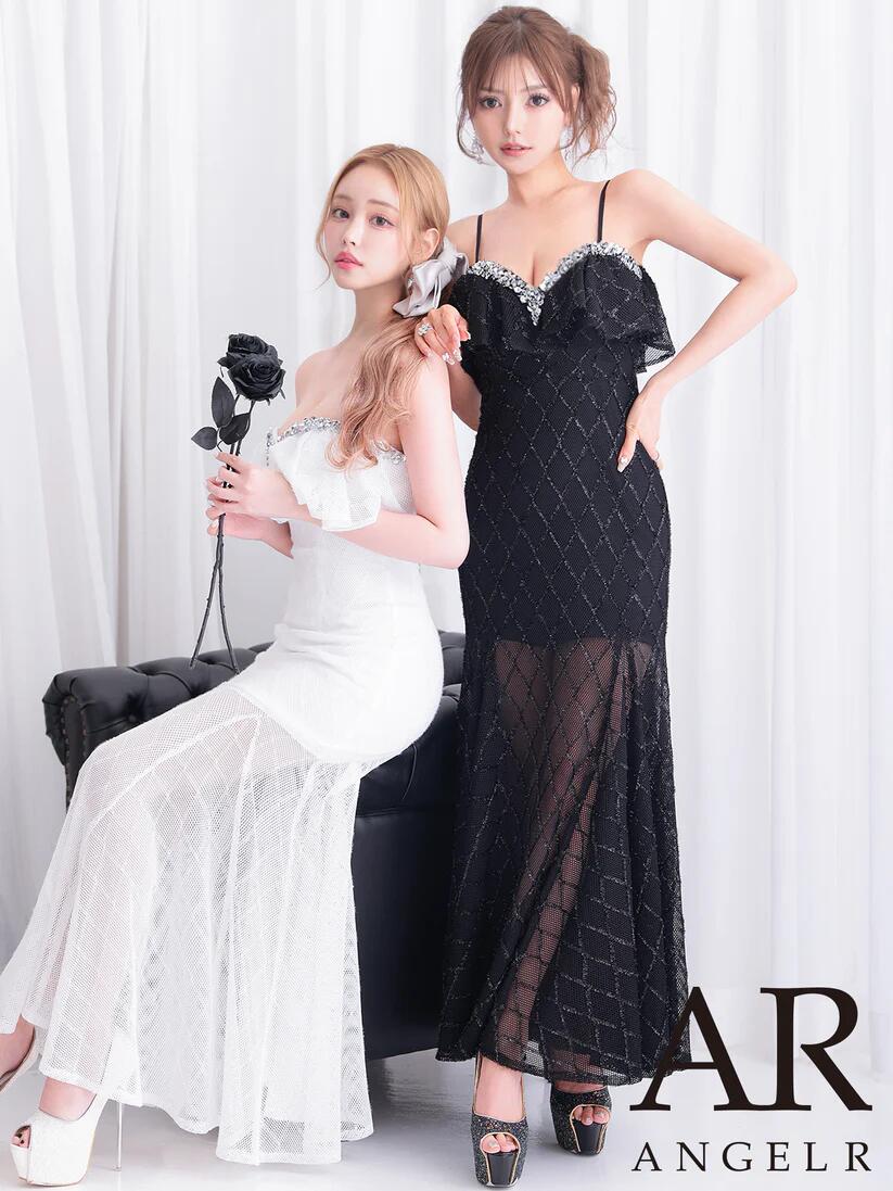 【Angel R/エンジェルアール】 2color ビジュー フリル ベアトップ ラメ メッシュ タイト ロングドレス ホワイト ブラック セクシー 華やか 高級感 きれいめ キャバドレス キャバクラ AR25848【AR ドレス】