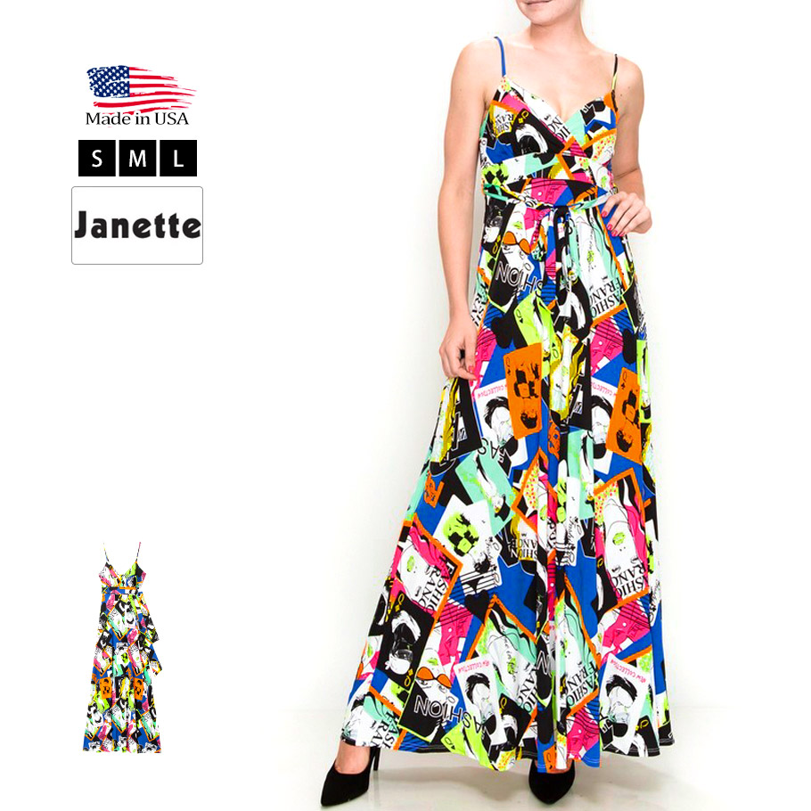 楽天市場 レトロガール柄 マキシ丈 ワンピース ドレス プリント ロングワンピース キャミワンピ スパゲッティ ストラップ フレアワンピース ポップ アート リゾートワンピース Laインポート レディース S M L 他と被らない 蛍光 ネコポス可 Laインポート Hotclothing