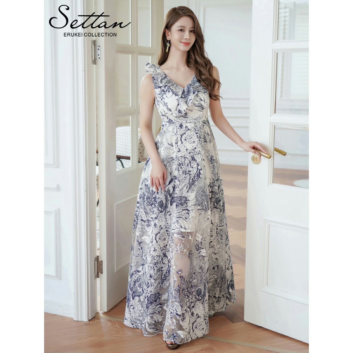 【BHLDN】ステラ ノースリーブ クレープ マキシドレス 3カラー サーモンオレンジ花柄ノースリーブドレス/MIRIN - カラードレス