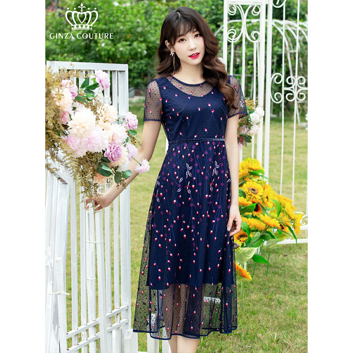 [GINZA COUTURE] 半袖 Aライン 総レース 刺繍 ドット レース ミディアムドレス ワンピース ネイビー エレガント モダン シック キュート フォーマル ゴージャス 大きいサイズ 撮影 演奏会 発表会 ERUKEI LK エルケイドレス C2649