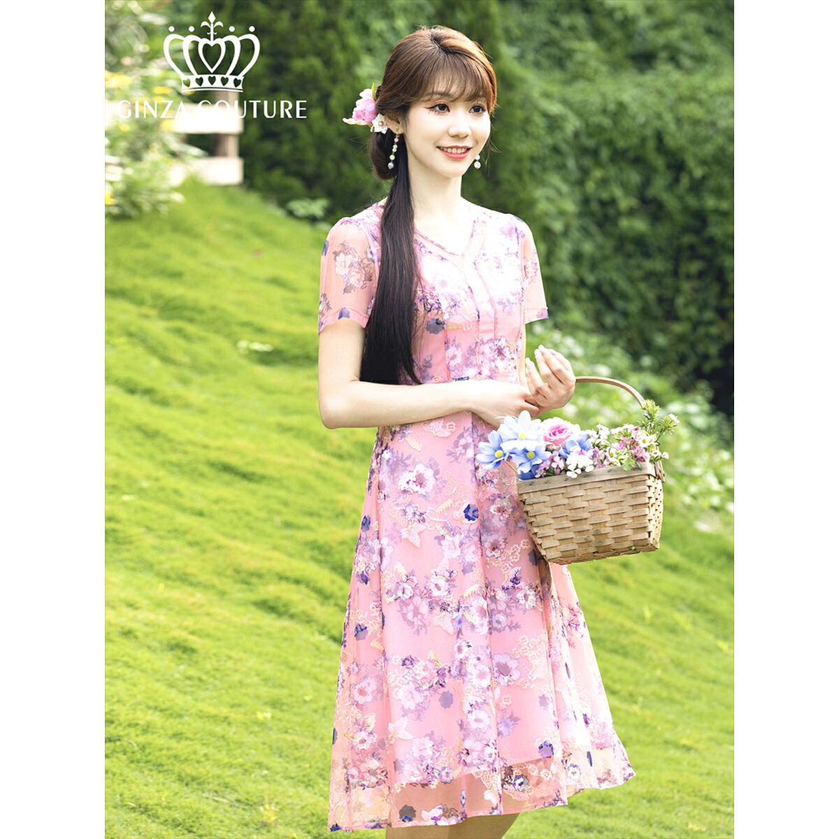 [SALE品のため返品不可][GINZA COUTURE] 2color 花柄 蝶 刺繍 半袖 チュール レース Aライン ミディアムドレス ワンピース ピンク ブルー エレガント モダン シック キュート フォーマル ゴージャス 大きいサイズ 撮影 演奏会 発表会 ERUKEI LK エルケイドレス C2652
