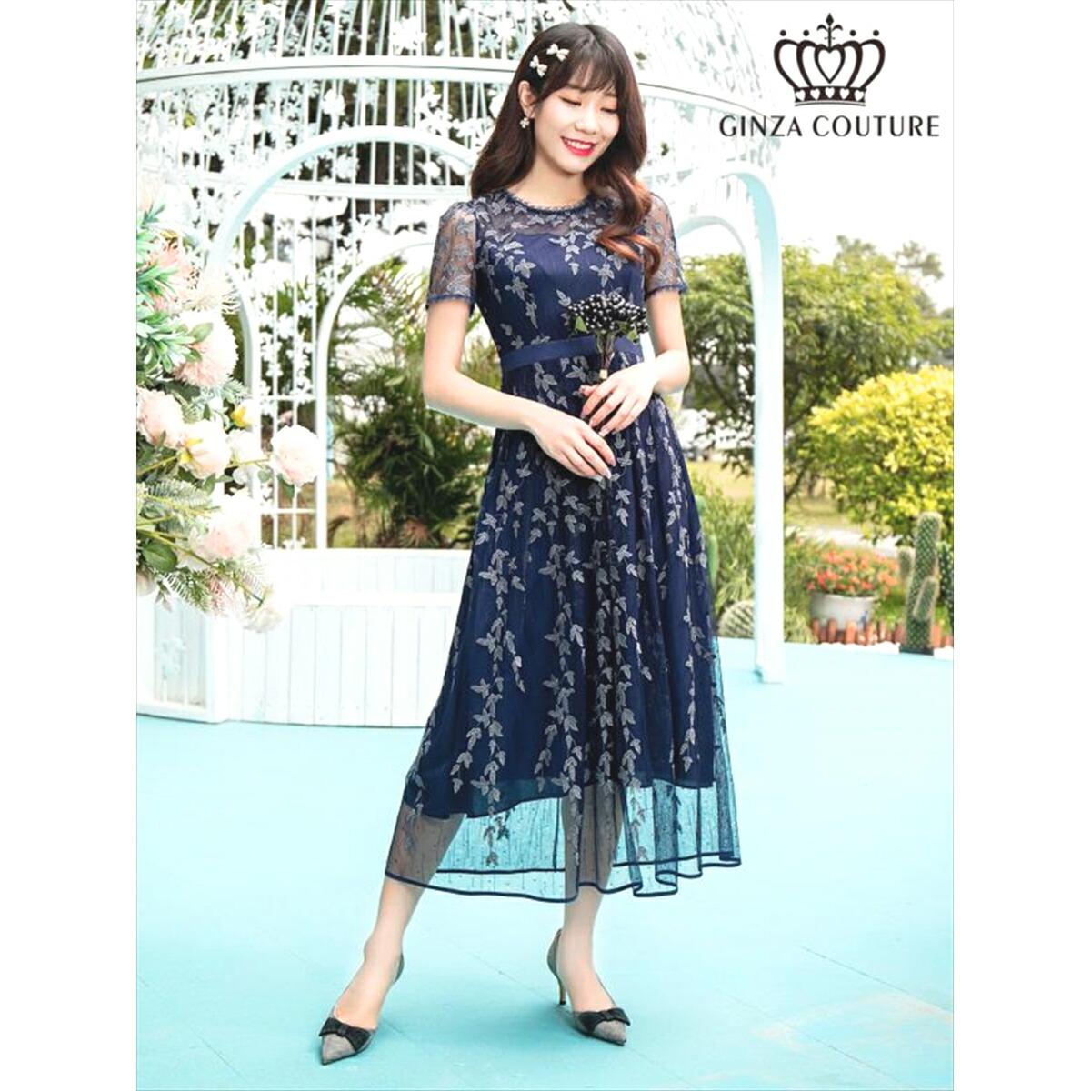[GINZA COUTURE] 蔦柄 半袖 レース チュール Aライン ミディアムドレス ワンピース ネイビー エレガント モダン シック キュート フォーマル ゴージャス 大きいサイズ 撮影 演奏会 発表会 ERUKEI LK エルケイドレス C2706