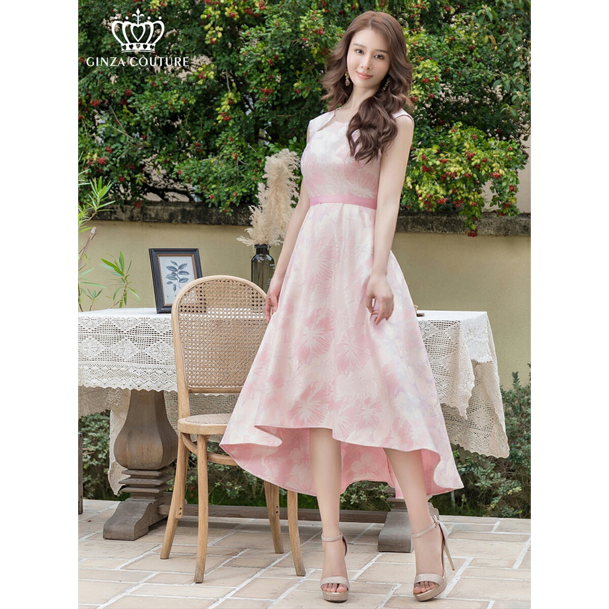[GINZA COUTURE] 3color ジャガード アシメントリー ノースリーブ フラワープリント Aライン ミディアムドレス ワンピース ピンク×シルバー ネイビー レッド エレガント シック フォーマル ゴージャス 大きいサイズ 撮影 演奏会 発表会 ERUKEI LK エルケイドレス C33483