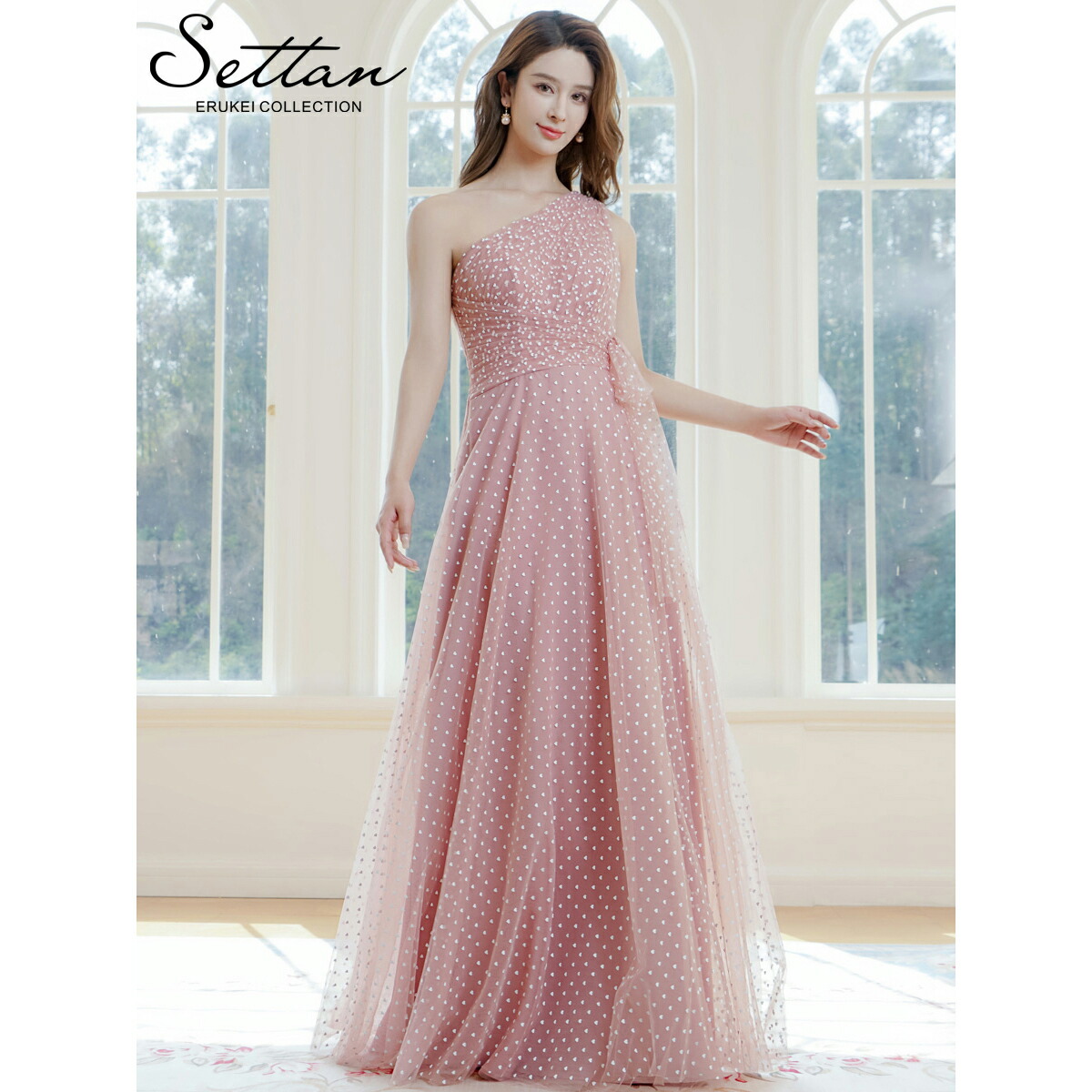 一部SALE[30%OFF][SETTAN] 3color ワンショルダー ハートドット チュールレース ハイウエスト Aライン ロングドレス エレガント シック キュート フォーマル ゴージャス 大きいサイズ 撮影 演奏会 発表会 ERUKEI エルケイドレス S37115｜HotClothing LAインポート＆ドレス