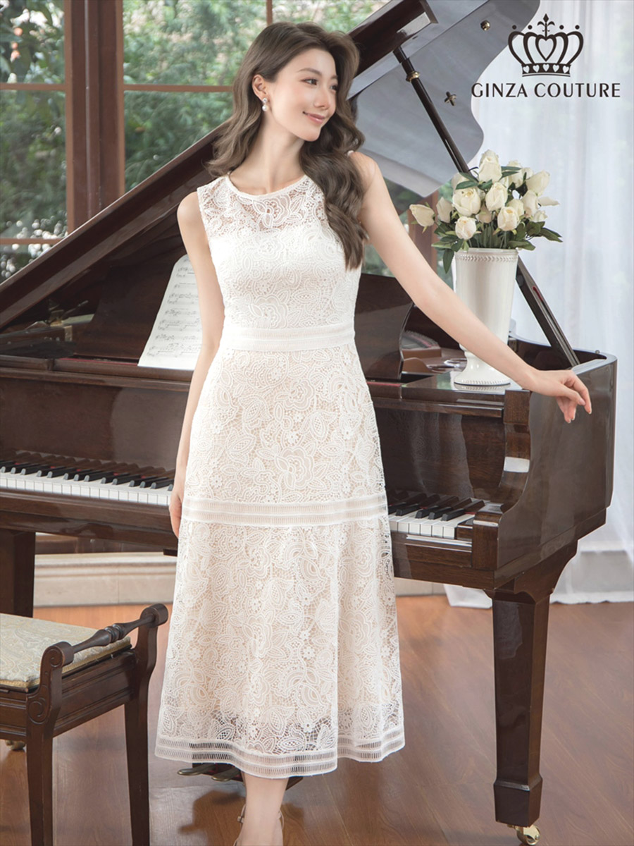 [GINZA COUTURE] 総レース ノースリーブ ハイウエスト Aライン ミディアムドレス ワンピース ホワイト パーティ 結婚式 披露宴 女子会 お食事会 会食 2次会 発表会 演奏会 撮影 衣装 イベント ナイトワーク キャバクラ 雪丹 エルケイ ERUKEI LK 銀座クチュール C23060 []｜HotClothing LAインポート＆ドレス