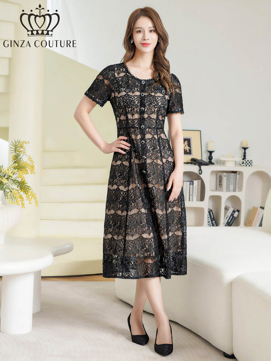 [GINZA COUTURE] 総レース ビジューボタン 半袖 フェイクポケット Aライン フィット フレア ミディアムドレス ワンピース ブラック 清楚 上品 エレガント パーティー 結婚式 披露宴 お食事会 女子会 お呼ばれ 撮影 ステージ ナイトワーク キャバクラ 銀座クチュール LK C3013｜HotClothing LAインポート＆ドレス