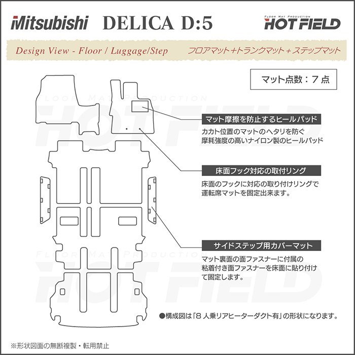 【楽天市場】三菱 新型対応 デリカ D5 フロアマット+ステップマット+トランクマット ラゲッジマット 選べる14カラー HOTFIELD 光