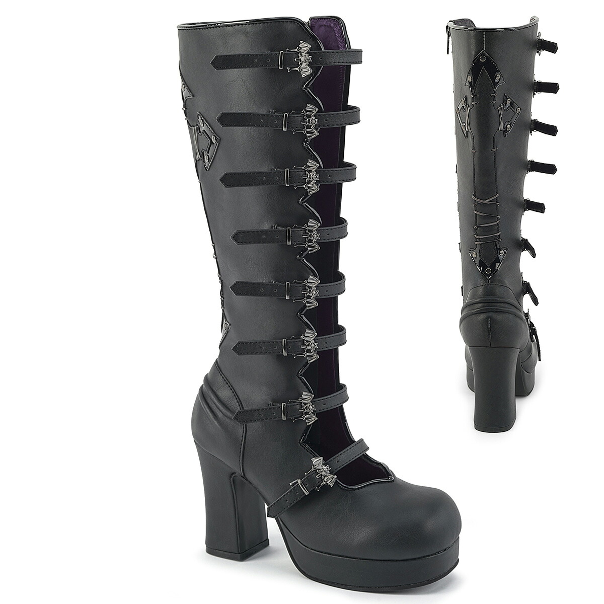 DEMONIA by PLEASER GOTHIKA-160 プリーザー レディース ブロックヒール プラットフォーム ミニバット バックル ストラップ＆ゴシッククロス オープンフロント ハーフブーツ｜HOT GIRL