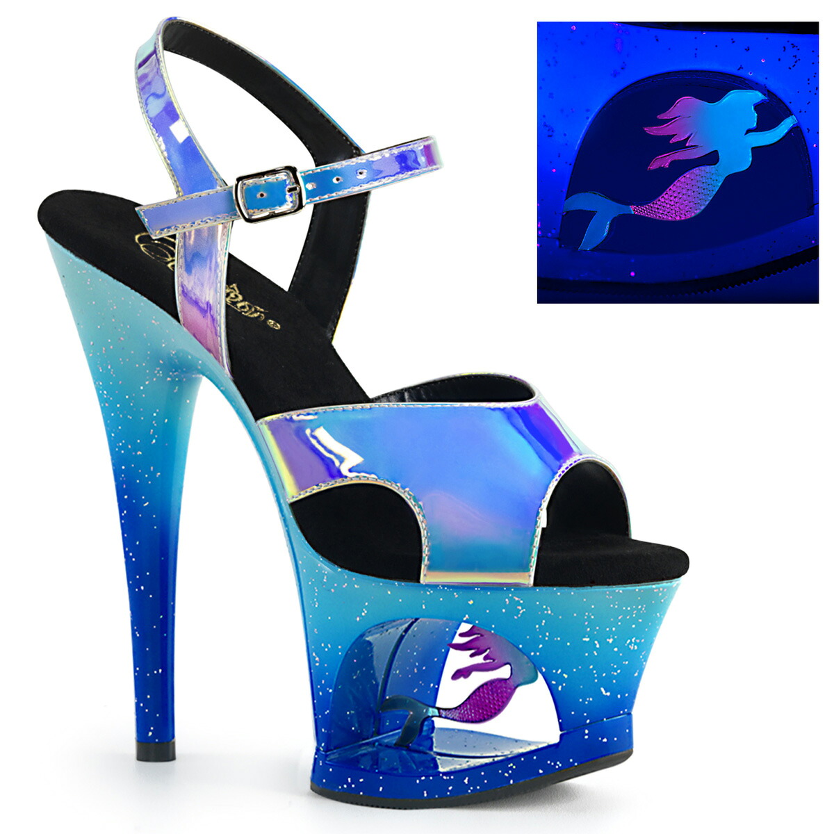 PLEASER MOON-711MER プリーザー レディース ブラックライト反応 マーメイド in カットアウト ミニグリッター プラットフォーム アンクルストラップ サンダル|HOT GIRL