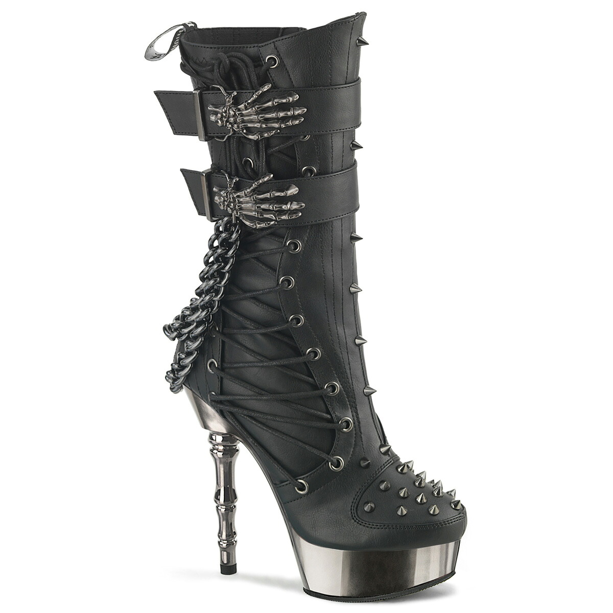DEMONIA by PLEASER MUERTO-159 デモニア レディース ゴスパンク プラットフォーム フィンガーボーンヒール コルセットスタイル サイドレースアップ ハーフブーツ （スパイクスタッズ＆スカルハンドバックル）