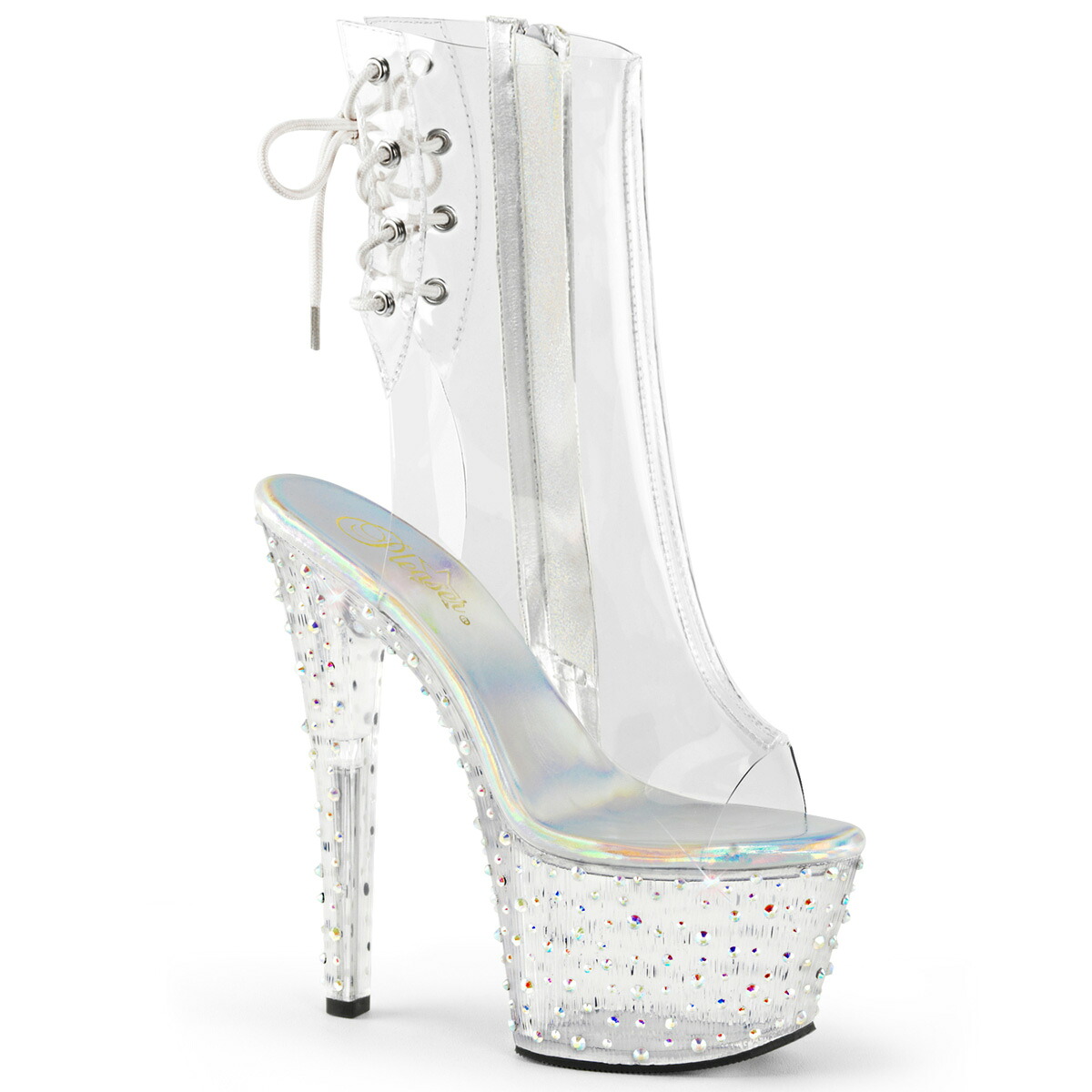 PLEASER　STARDANCE-1018C-7　レディース マルチサイズ ラインストーン プラットフォーム オープントゥ＆ヒール バックレース クリア アンクルブーツ｜HOT GIRL