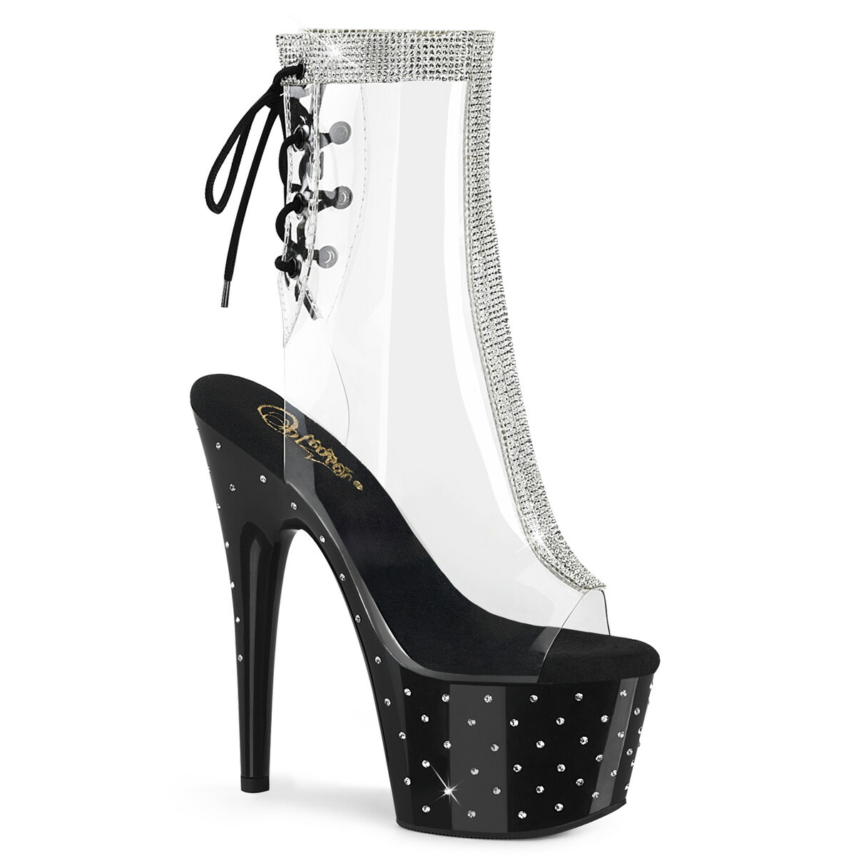 PLEASER　STARDUST-1018C-2RS プリーザー レディース ラインストーン スタッズ on プラットフォーム & ラインストーン装飾 on センターフロント/アンクル オープントゥ＆ヒール バックレース クリア アンクルブーツ