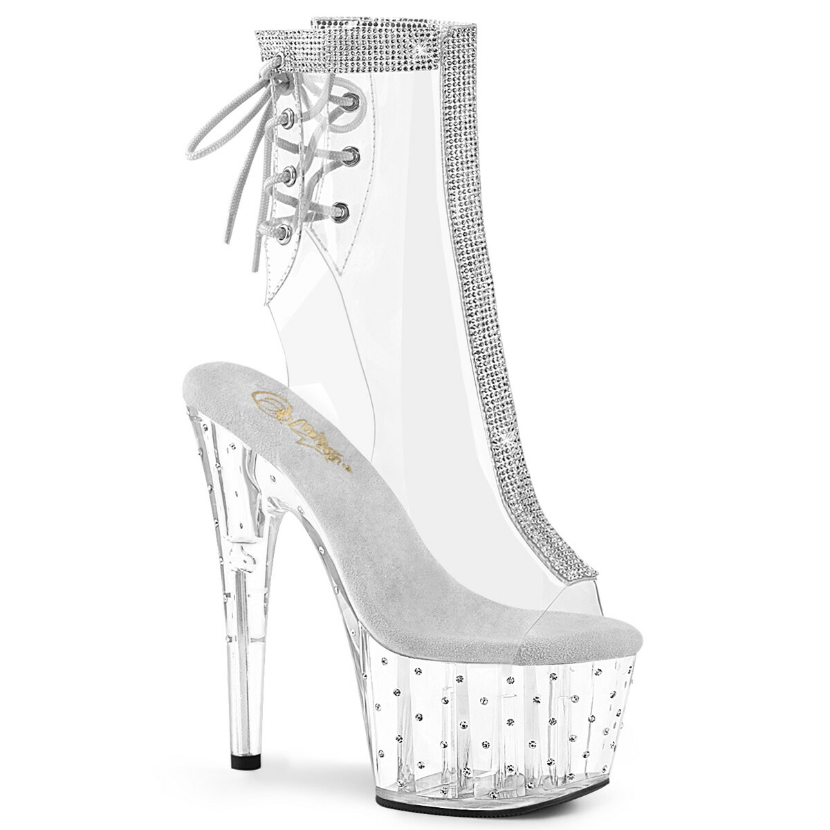 PLEASER　STARDUST-1018C-2RS プリーザー レディース ラインストーン スタッズ on プラットフォーム & ラインストーン装飾 on センターフロント/アンクル オープントゥ＆ヒール バックレース クリア アンクルブーツ｜HOT GIRL