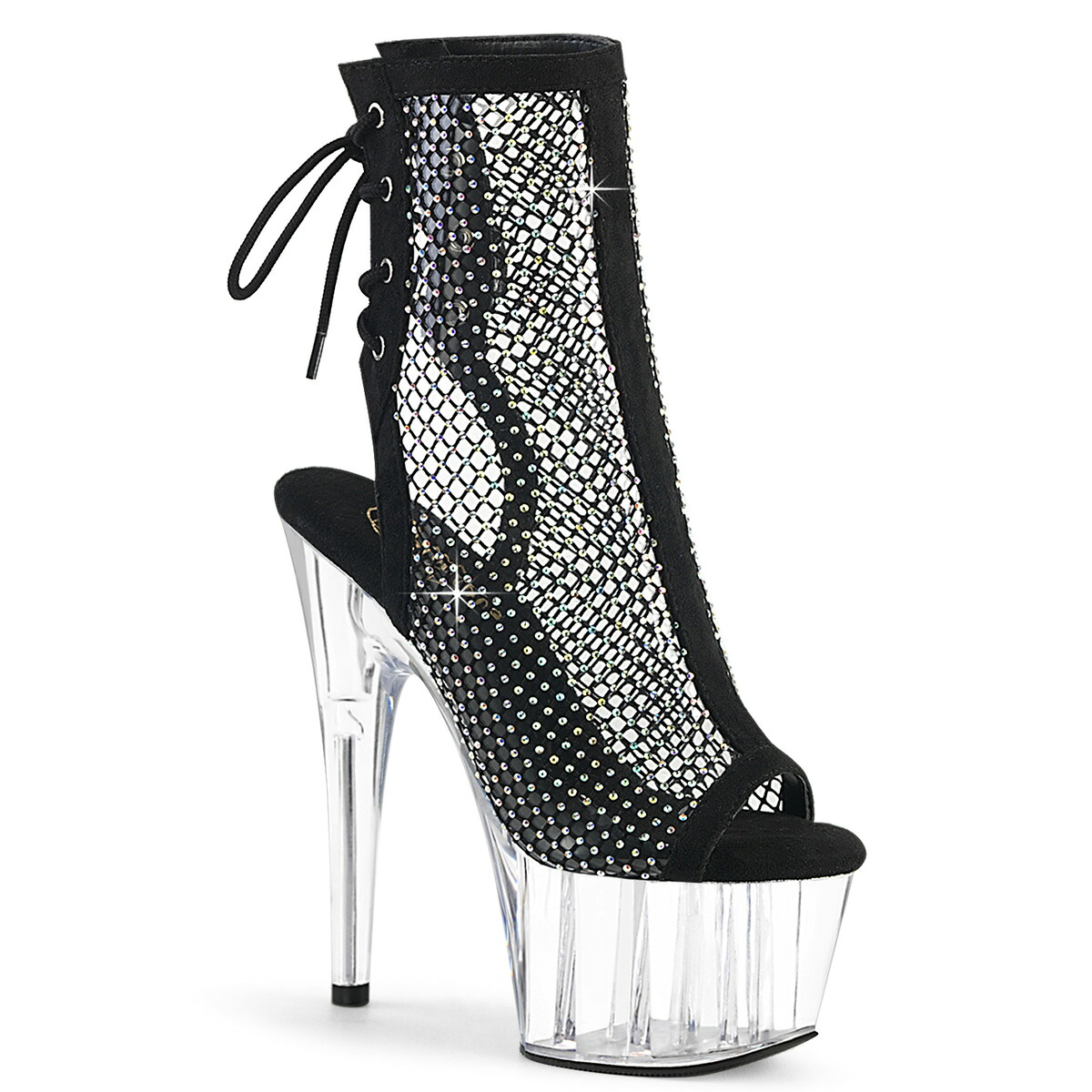 PLEASER　ADORE-1018RM　レディース プラットフォーム オープントゥ＆ヒール バックレース クリア/AB ラインストーン付き メッシュ アンクルブーツ