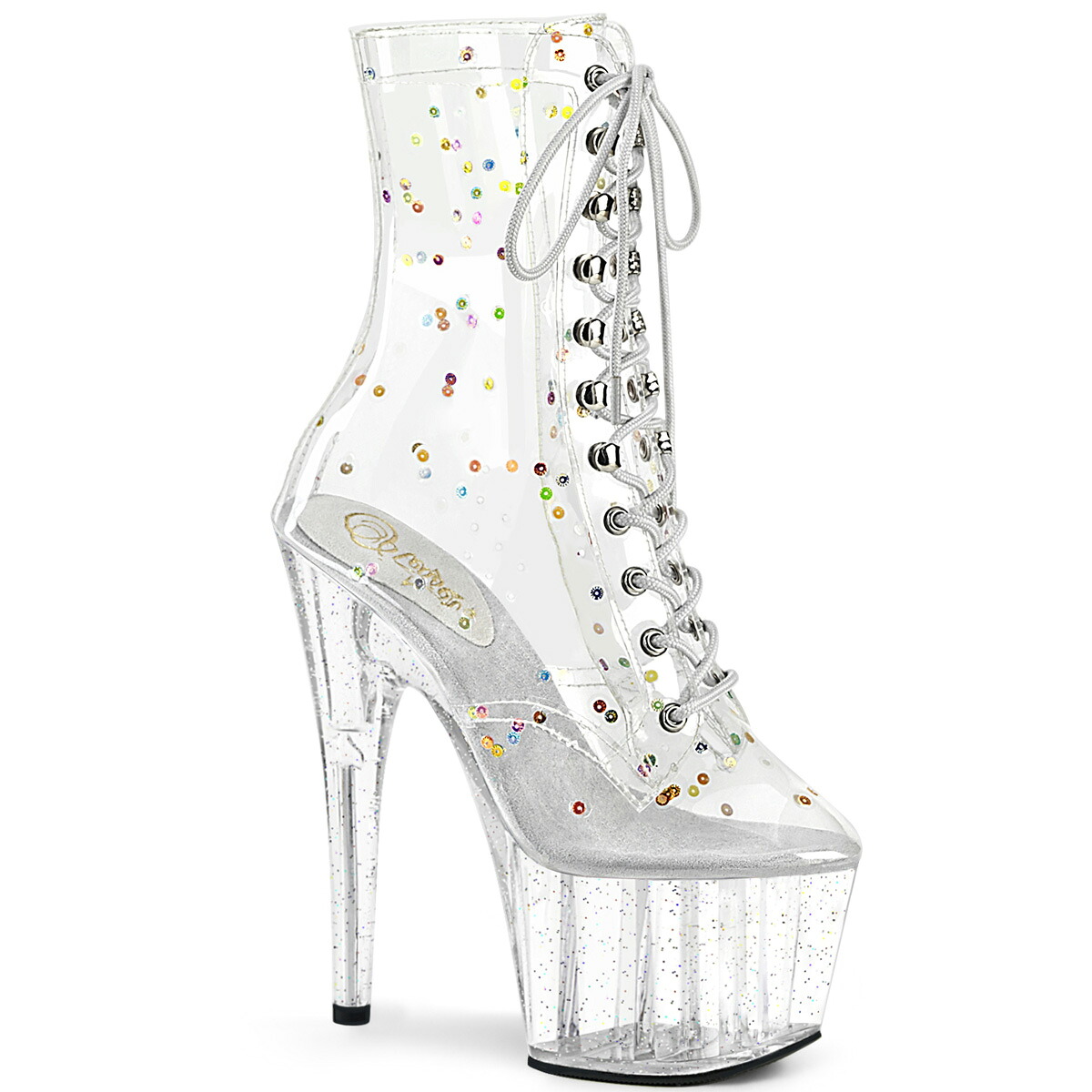 PLEASER　ADORE-1020C-2　プリーザー レディース 厚底 ミニグリッター プラットフォーム ミニシークイン クリア 編み上げ アンクルブーツ｜HOT GIRL