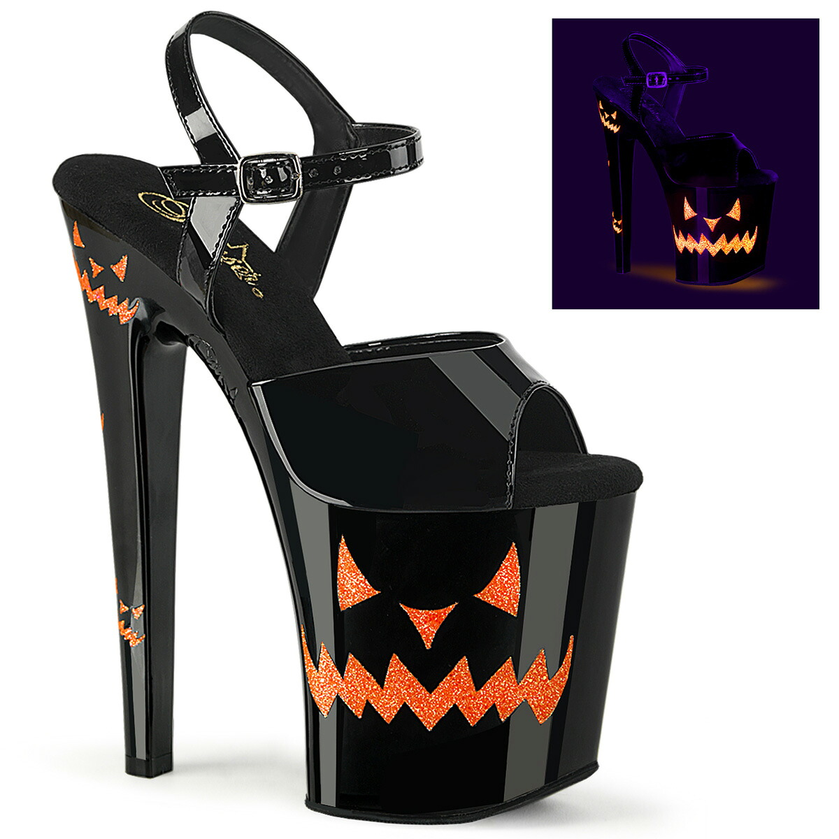 PLEASER XTREME-809JOL プリーザー レディース 厚底 プラットフォーム UVブラックライト反射 グリッターJack-O-Lantern プリント アンクルストラップ サンダル|HOT GIRL