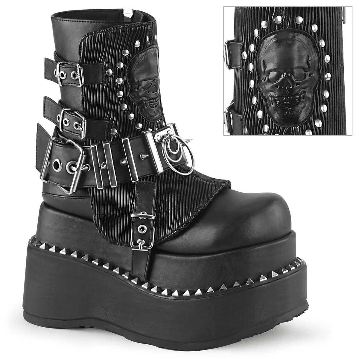 DEMONIA by PLEASER BEAR-150 プリーザー レディース 厚底 ピラミッドスタッズ トリム プラットフォーム 調節可能 スタッズ＆スカルパッチ付きフロントシールド アンクルブーツ（スパイクスタッズ、メタルバー、O-リング センターストラップ）｜HOT GIRL