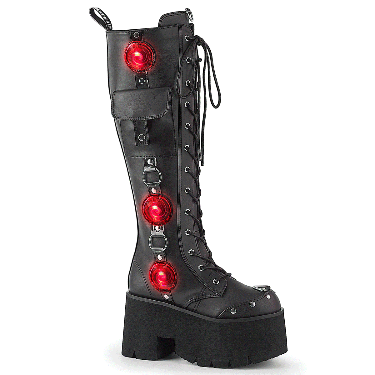 DEMONIA by PLEASER BLAZE-152 プリーザー レディース チャンキーヒール プラットフォーム LEDライトアップ 渦巻ドット＆サイドポケット レースアップ ニーハイブーツ