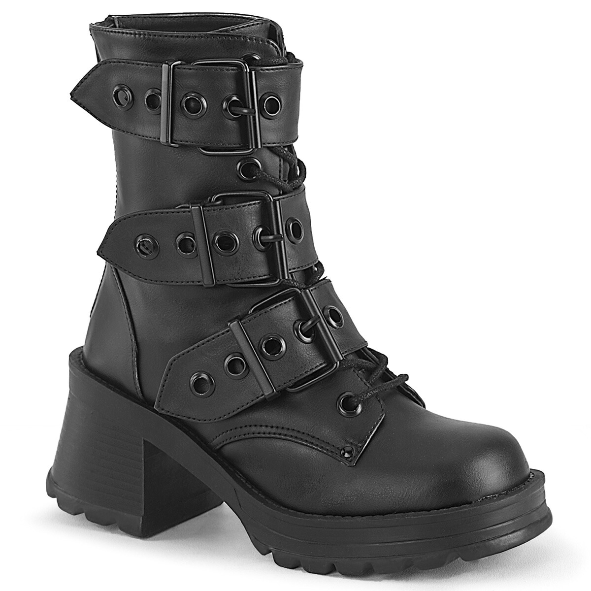 DEMONIA by PLEASER BRATTY-118 プリーザー レディース チャンキーヒール プラットフォーム トリプル バックルストラップ レースアップ アンクルブーツ