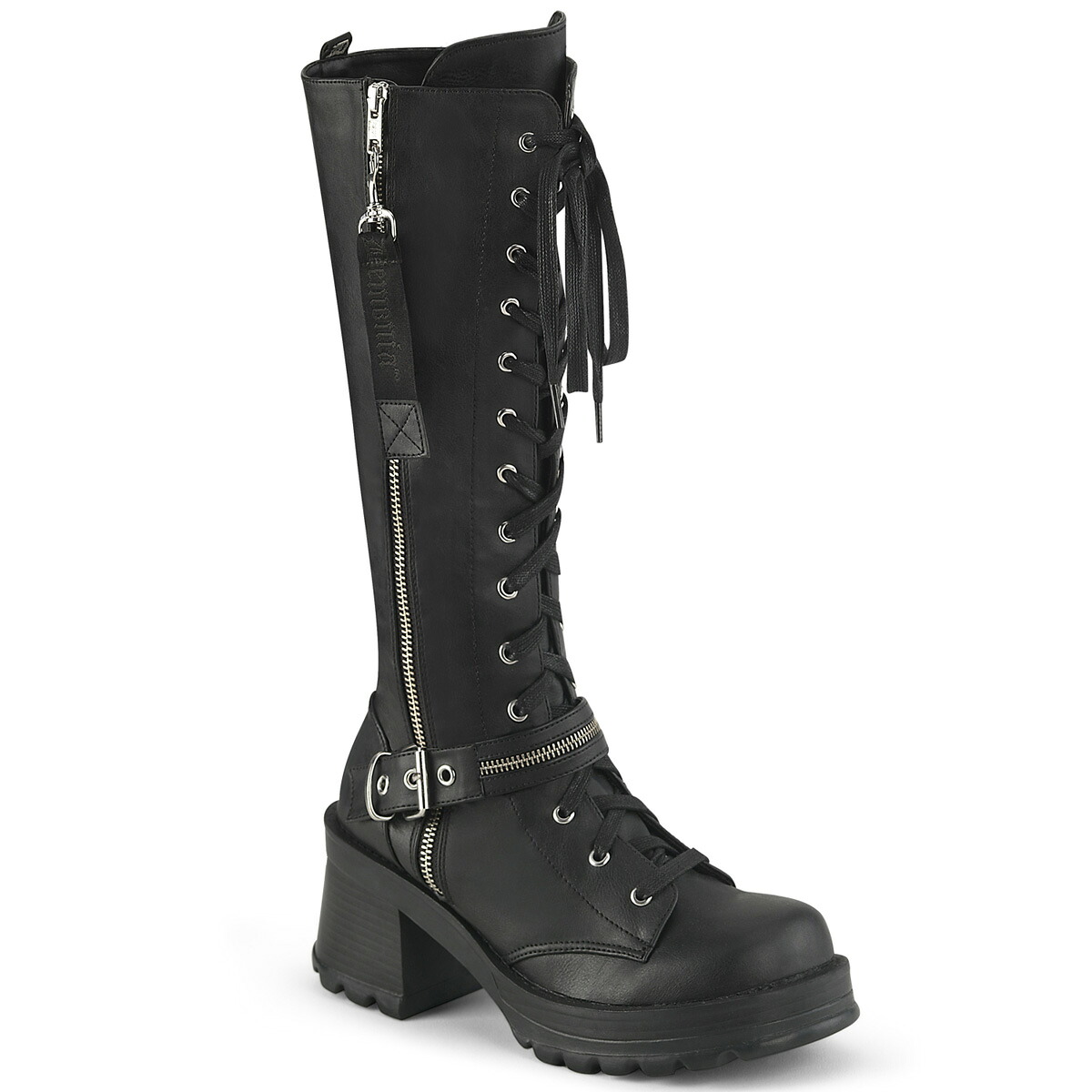 DEMONIA by PLEASER BRATTY-206 プリーザー レディース   チャンキーヒール プラットフォーム ジップ付きバックルストラップ レースアップ ニーハイブーツ