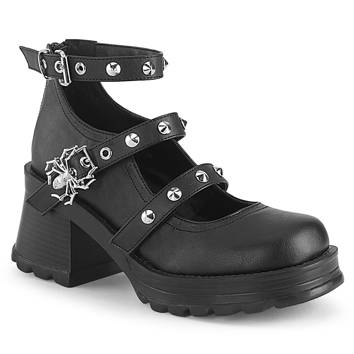 DEMONIA by PLEASER BRATTY-30 レディース チャンキーヒール プラットフォーム スパイダーバックル＆コーンスタッズ装飾 トリプルストラップ メリージェーン
