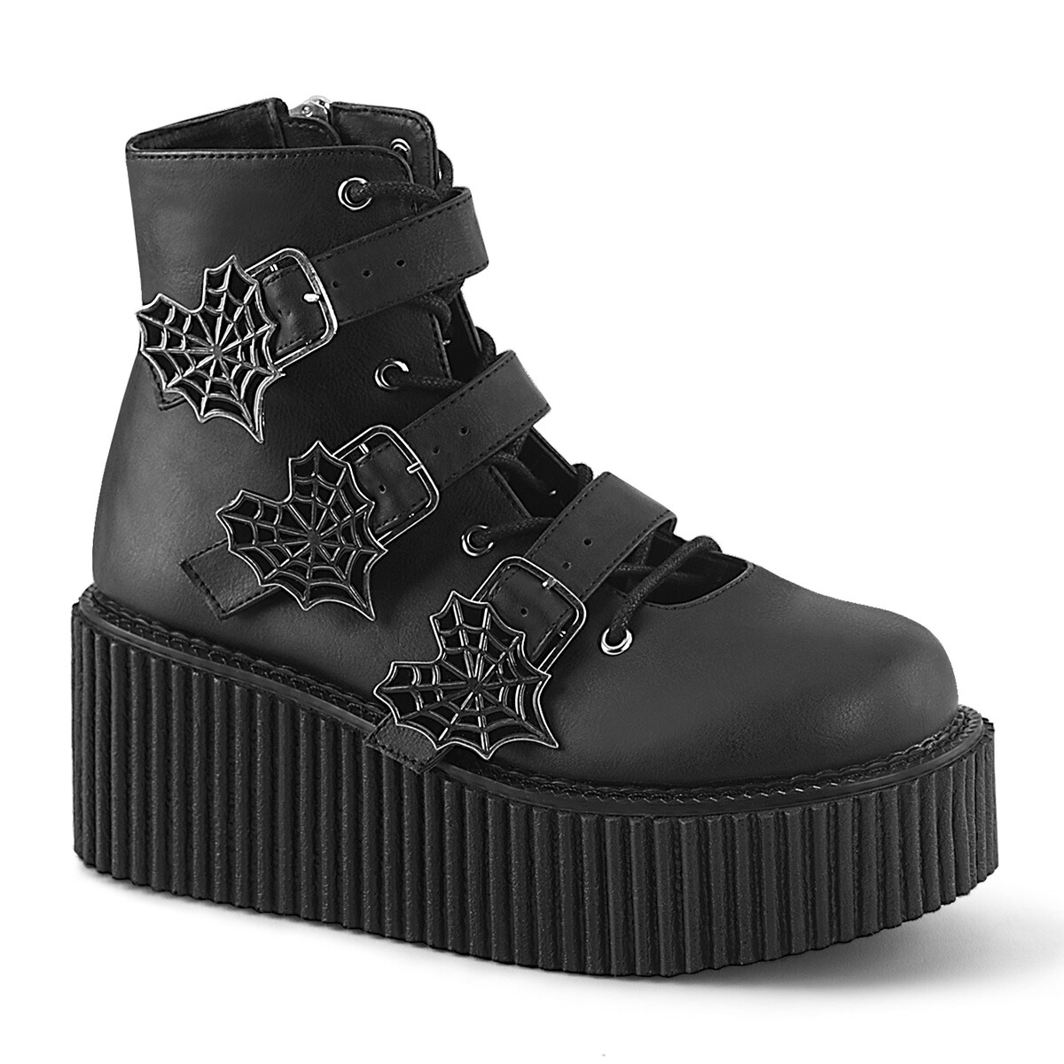 DEMONIA by PLEASER CREEPER-260 プリーザー レディース プラットフォーム 3 ハート型 スパイダーウェブ バックル ストラップ レースアップ アンクル クリーパーブーツ|HOT GIRL