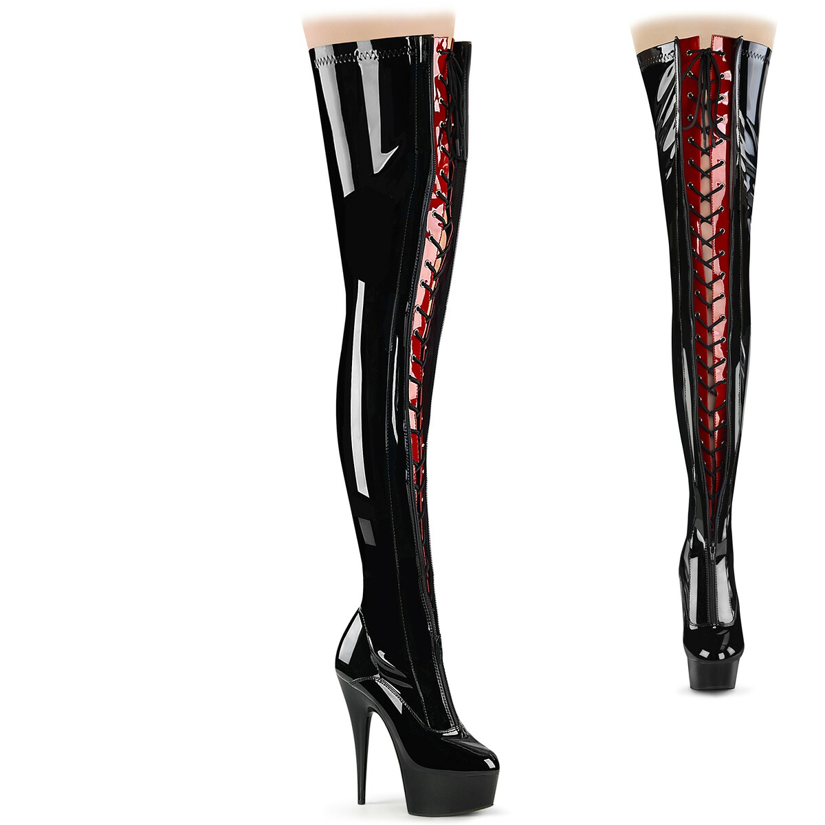 PLEASER　DELIGHT-3027　プリーザー レディース プラットフォーム 2トーン レースアップ ストレッチ サイハイブーツ
