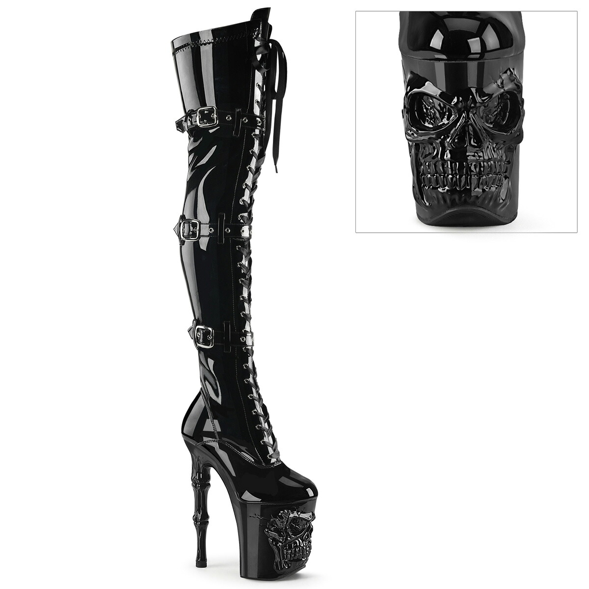 PLEASER RAPTURE-3028 プリーザー レディース スカル プラットフォーム&フィンガーボーン ヒール トリプル バックル ストラップ リボン レースアップ ストレッチ サイハイブーツ|HOT GIRL