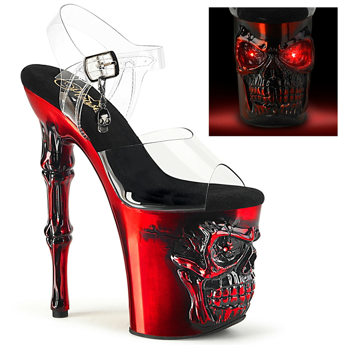 PLEASER　RAPTURE-808-LT プリーザー レディース ”光る目” スカル プラットフォーム＆フィンガーボーン ヒール ミニ スカルチャーム付き アンクルストラップ クリア サンダル