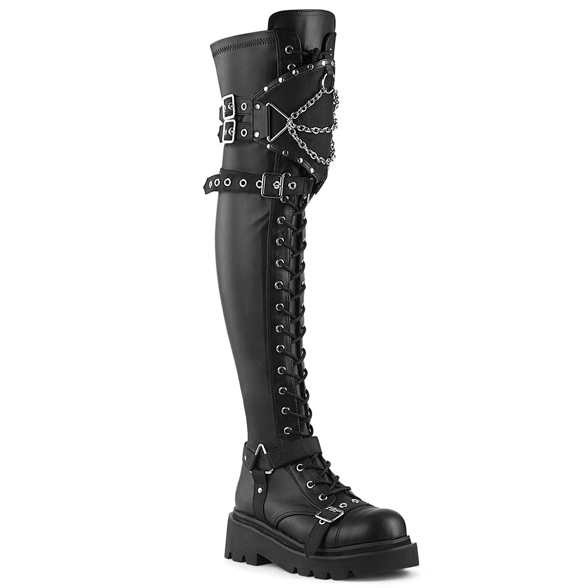 DEMONIA by PLEASER RENEGADE-320 プリーザー レディース 厚底 プラットフォーム チェーン付き シールドトップ ストラップ ストレッチ 編み上げ オーバーザニー ブーツ｜HOT GIRL