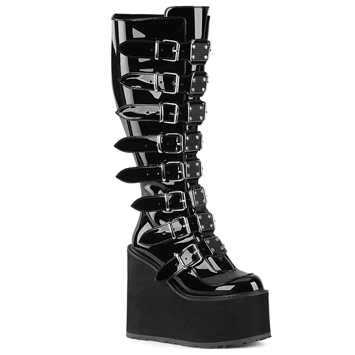 DEMONIA by PLEASER SWING-815WC レディース 厚底 ウェッジプラットフォーム 幅広 ワイドカーフ ゴスパンクゴーゴー バックルストラップ ニーブーツ|HOT GIRL