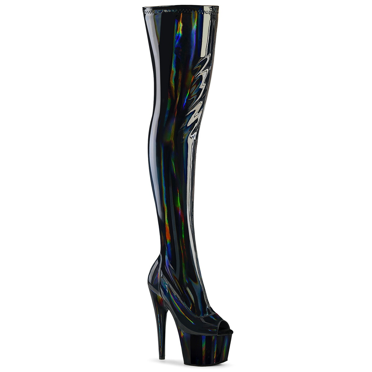 PLEASER　ADORE-3011HWR　レディース プラットフォーム オープントゥ ストレッチ ホログラム サイハイブーツ