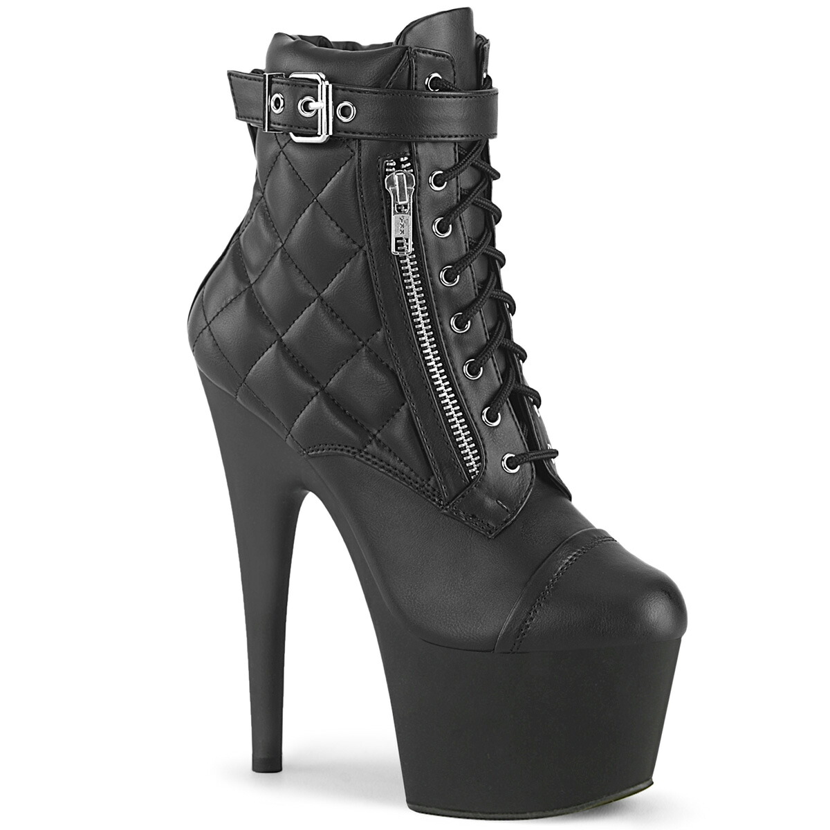 PLEASER ADORE-700-05 プリーザー レディース 厚底 プラットフォーム メタル ジップポケット付き キルト サイドパネル バックル アンクルストラップ 編み上げ アンクルブーツ