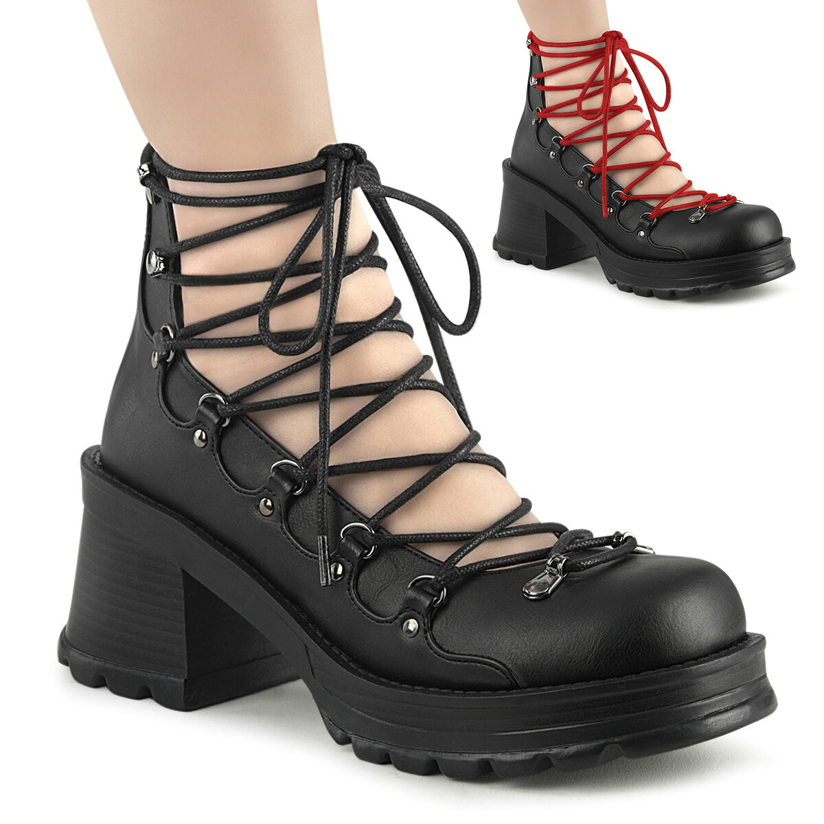 DEMONIA by PLEASER BRATTY-32 レディース チャンキーヒール プラットフォーム D-リング レースアップ アンクルハイ シューズ