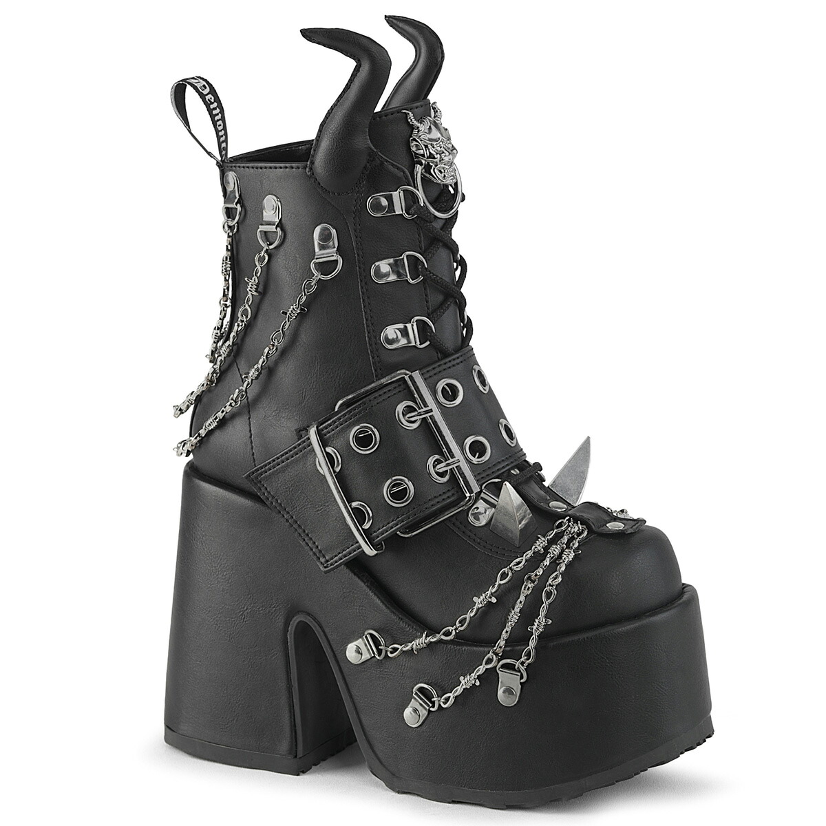 DEMONIA by PLEASER CAMEL-64 プリーザー レディース チャンキーヒール デビルホーン＆クロウスパイクスタッズ付き D-リングレースアップ アンクル ブーツ