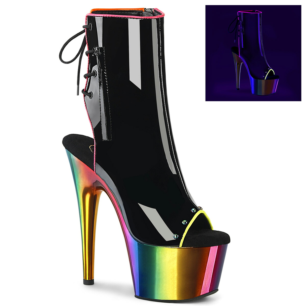 PLEASER　ADORE-1018RC-02　レディース レインボークロムプラットフォーム オープントゥ＆ヒール バックレース アンクルブーツ (ブラックライト反射パイピング)