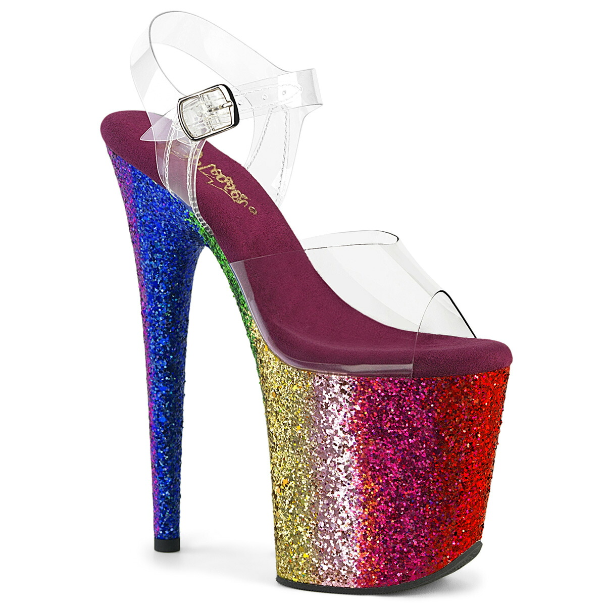 PLEASER　FLAMINGO-808RBG プリーザー　レディース レーザーレインボー グリッター プラットフォーム アンクルストラップ クリア サンダル