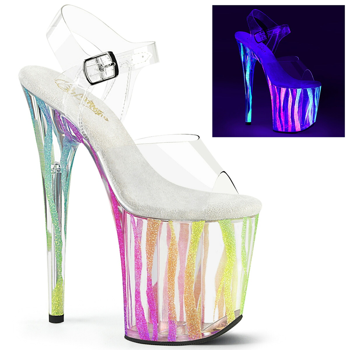 PLEASER FLAMINGO-808RG-03 プリーザー レディース UVブラックライト反応 ネオンレインボーグリッター ゼブラストライプ プラットフォーム アンクルストラップ クリア サンダル