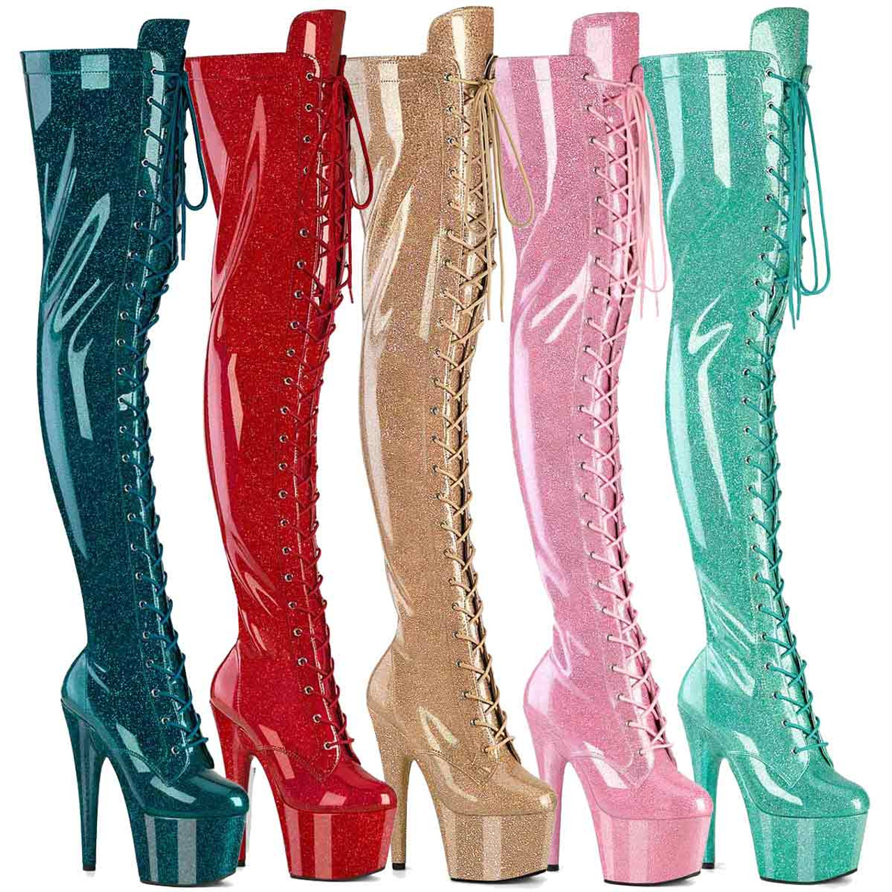 PLEASER　ADORE-3020GP　レディース プラットフォーム オー グリッターパテント レースアップ サイハイブーツ｜HOT GIRL