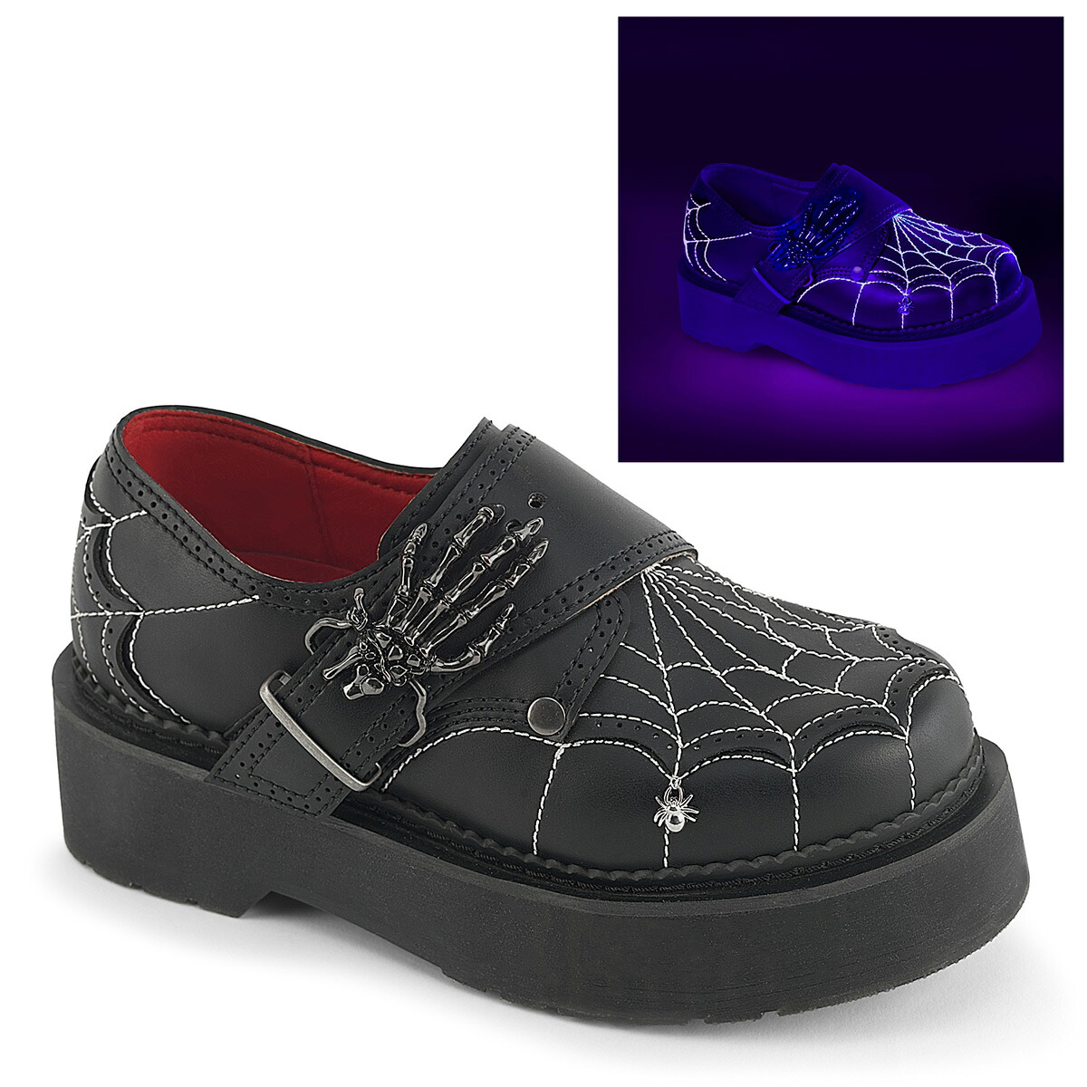DEMONIA by PLEASER REBEL-03 プリーザー レディース プラットフォーム ゴスパンク スパイダーウェブ＆スケルトン バックルストラップ コンバット オックスフォード シューズ