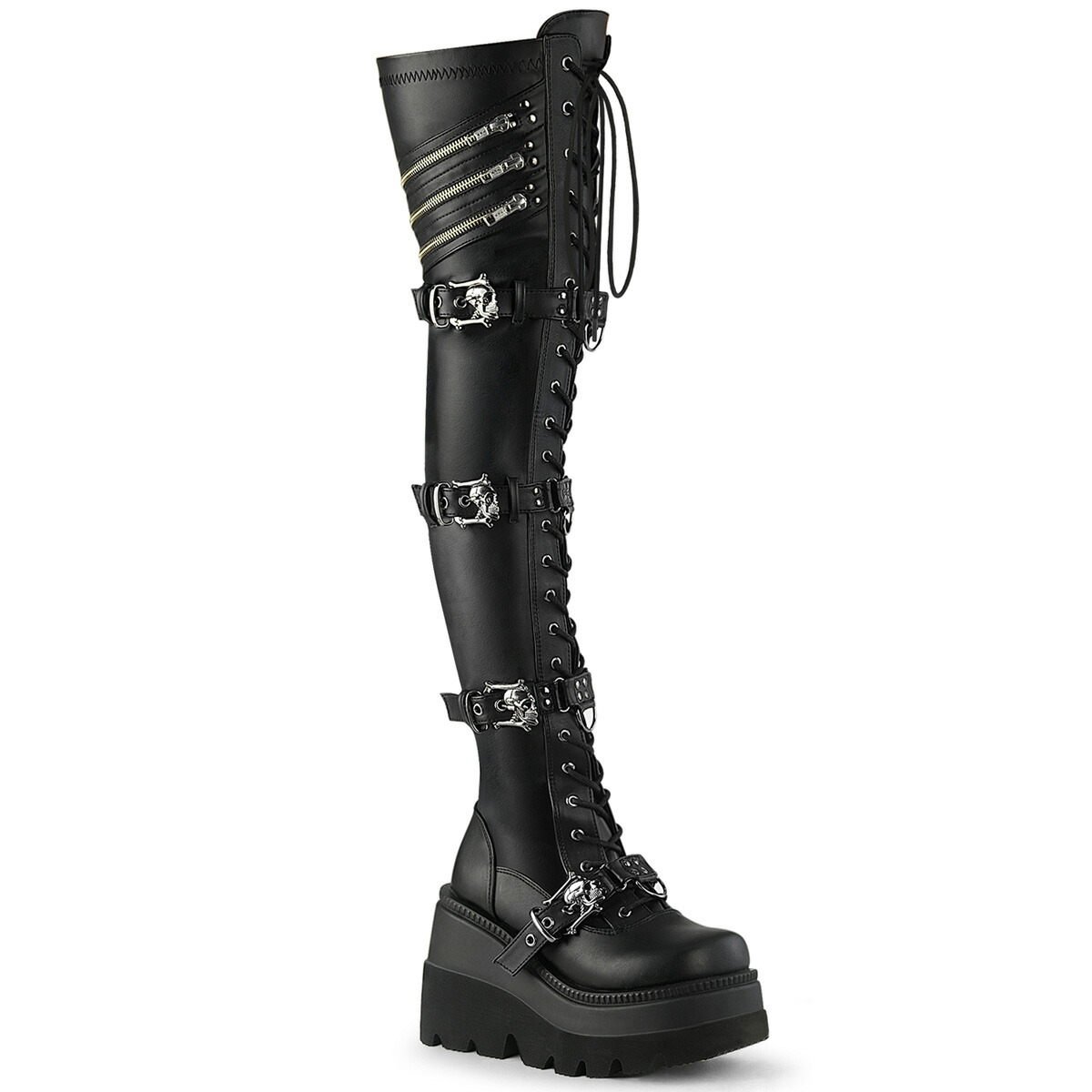 DEMONIA by PLEASER SHAKER-420 プリーザー レディース ウェッジ プラットフォーム スカル バックルストラップ&ジッパー オーナメント ストレッチ 編み上げ サイハイブーツ|HOT GIRL