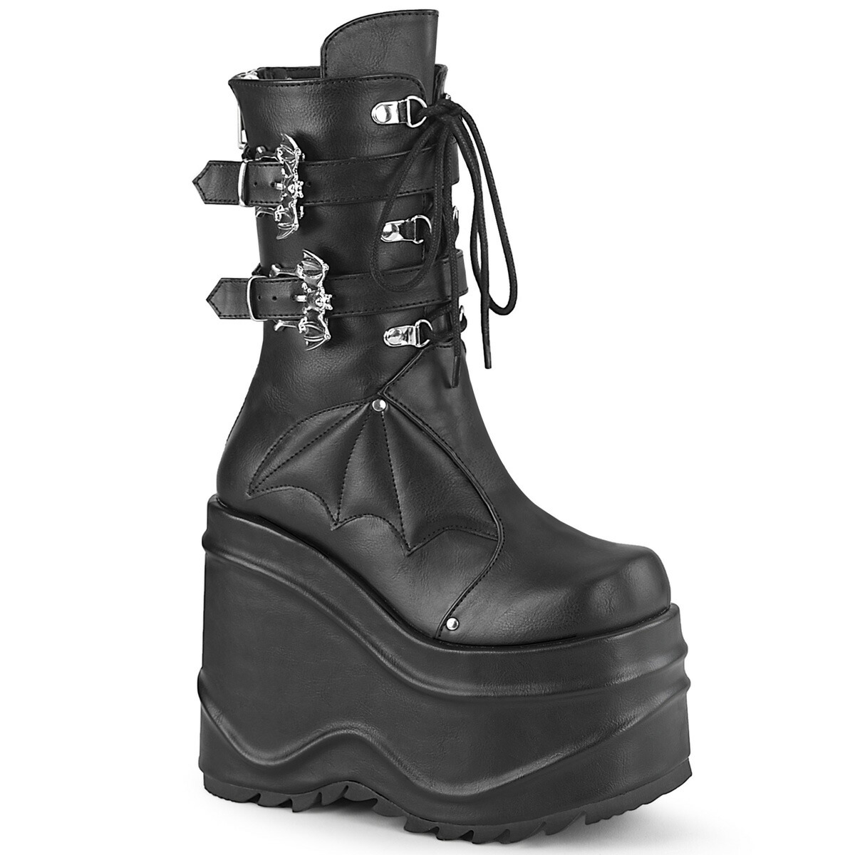 DEMONIA by PLEASER WAVE-150 レディース 厚底 ウェッジプラットフォーム バットウィング デザイン＆ダブル バット バックルストラップ レースアップ ハーフブーツ 15,449円