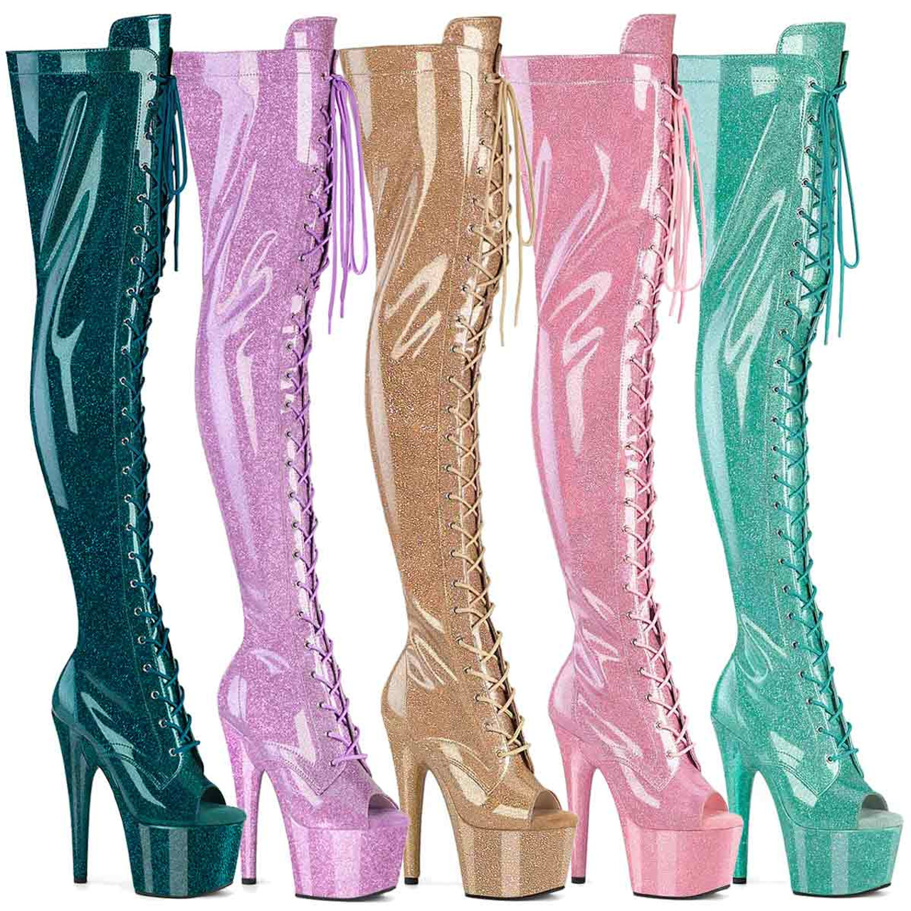 PLEASER　ADORE-3021GP　レディース プラットフォーム オープントゥ グリッターパテント レースアップ サイハイブーツ