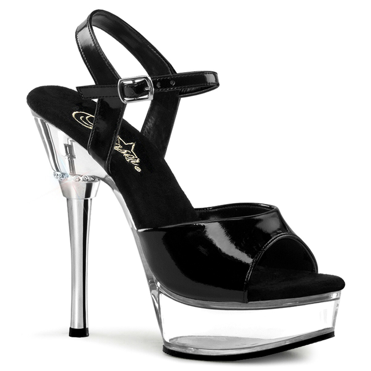 PLEASER　ALLURE-609 プリーザー　レディース プラットフォーム クロムヒール＆ジュエル アクセント アンクルストラップ サンダル