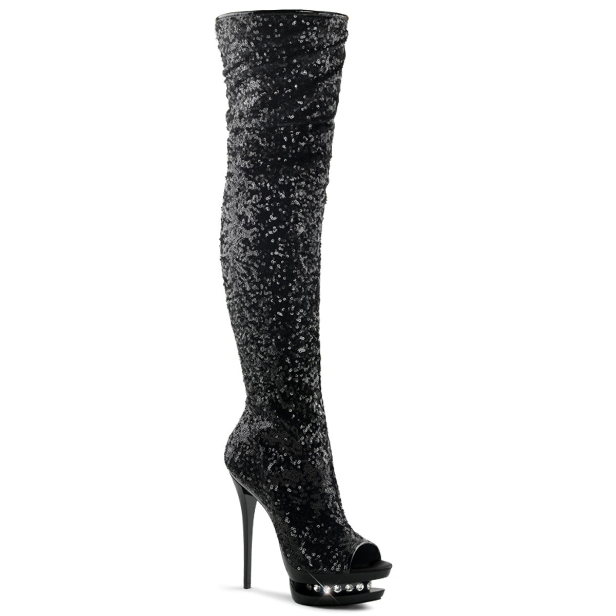 PLEASER　BLONDIE-R-3011　レディース ラインストーンアクセント プラットフォーム オープントゥ シークイン サイハイ ブーツ