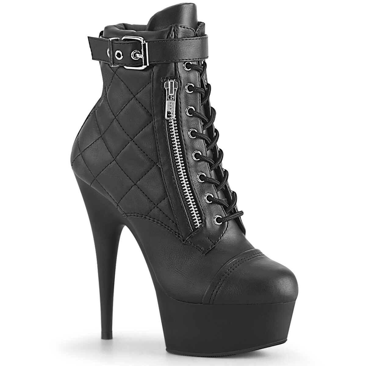PLEASER　DELIGHT-600-05　レディース プラットフォーム ジップポケット付き バックルストラップ キルテッド 編み上げ ブーティ