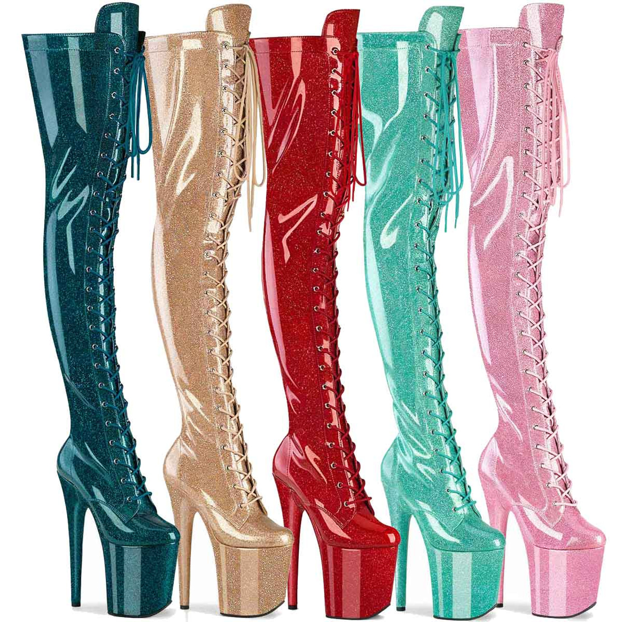 PLEASER FLAMINGO-3020GP レディース プラットフォーム グリッターパテント レースアップ サイハイブーツ|HOT GIRL